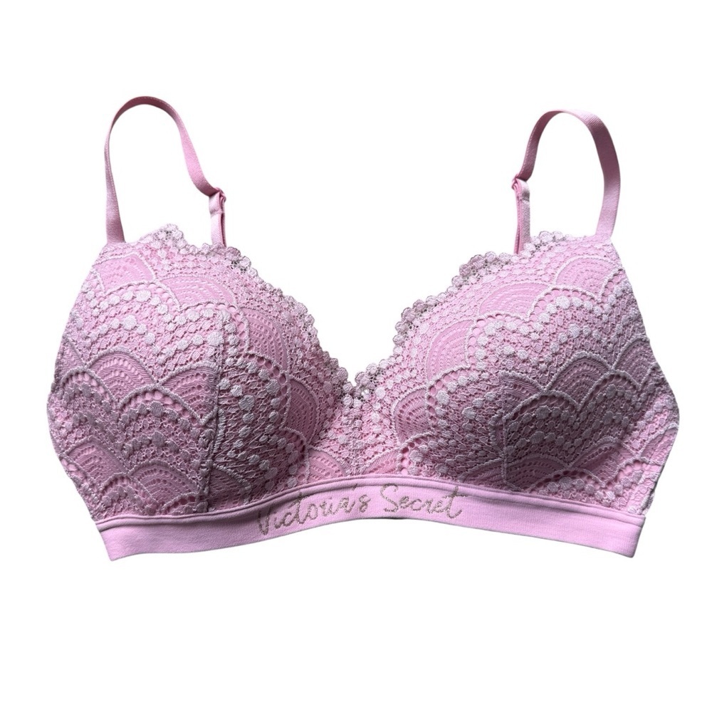 Victoria's Secret Pink Lace Lined No-Wire T-Shirt Bra 34C Adjustable Straps